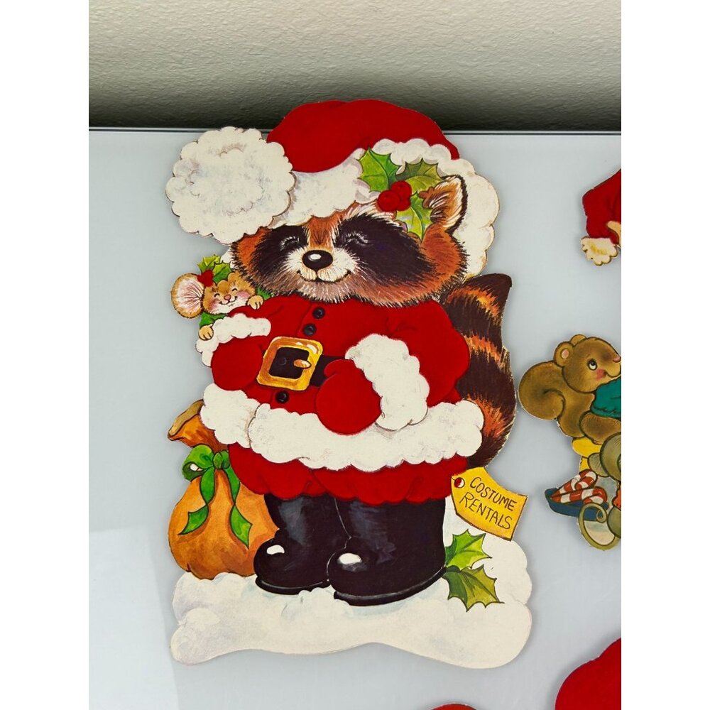 Vintage Christmas Red Velvet Accented Paper Cutout Decoration Mouse Elf Raccoon - Picture 8 of 16